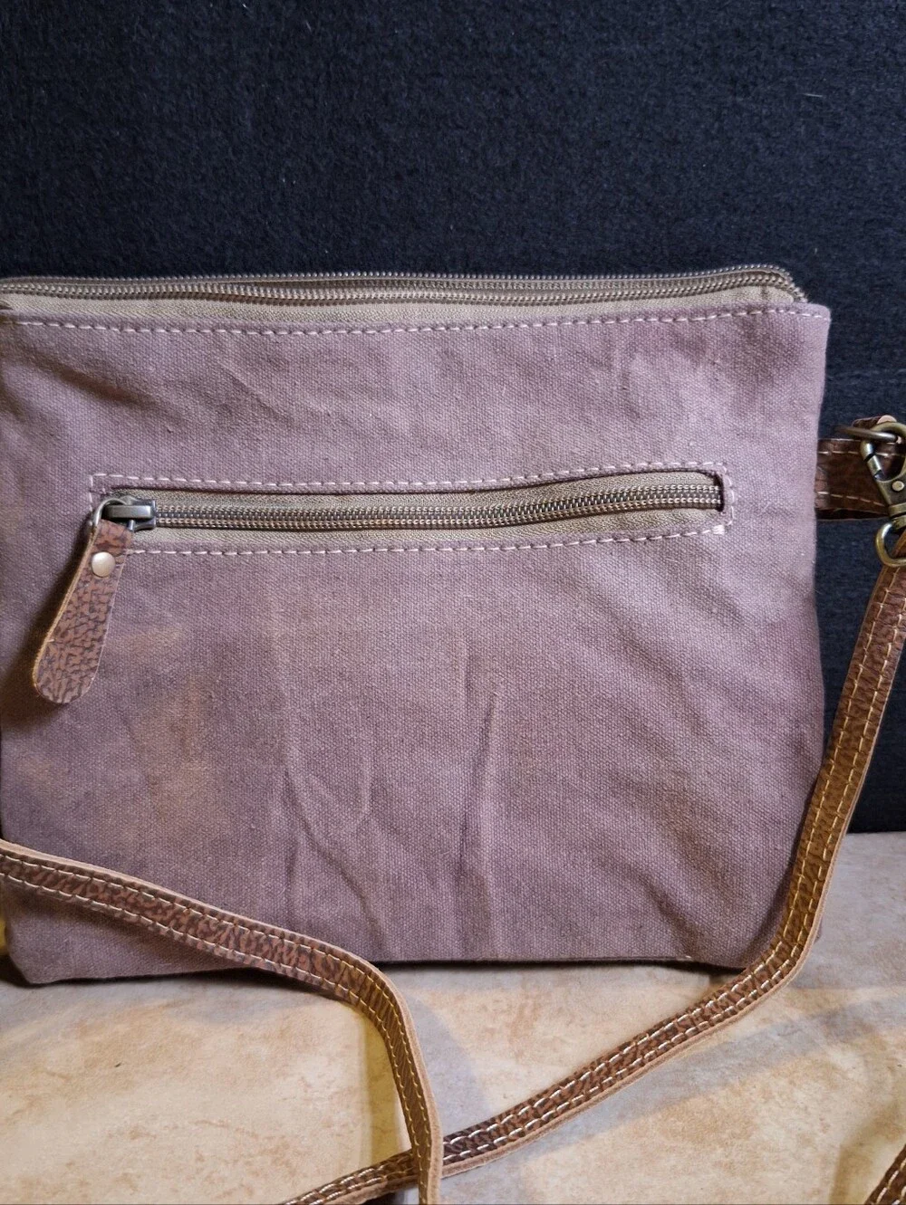 Myra Bag Staggering Crossbody Bag Brown Canvas Leather Cow Hair Western Zip Top